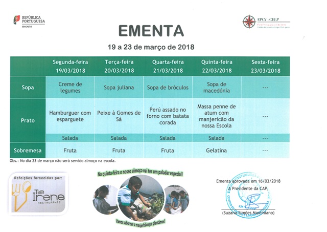 EMENTA DE 19 DE MARÇO A 23 DE MARÇO